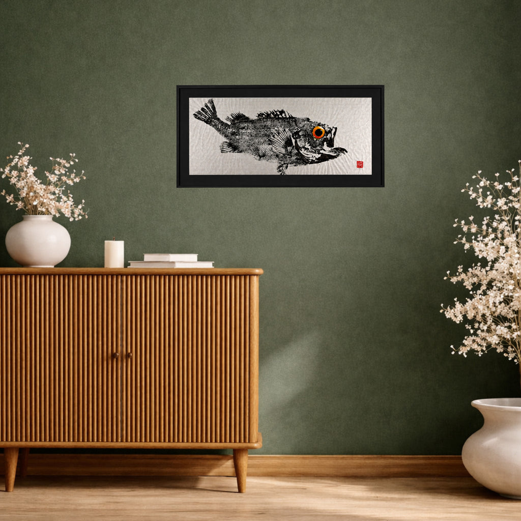 Gyotaku "Rotbarsch" (Original, gerahmt) ca. 60x30 cm