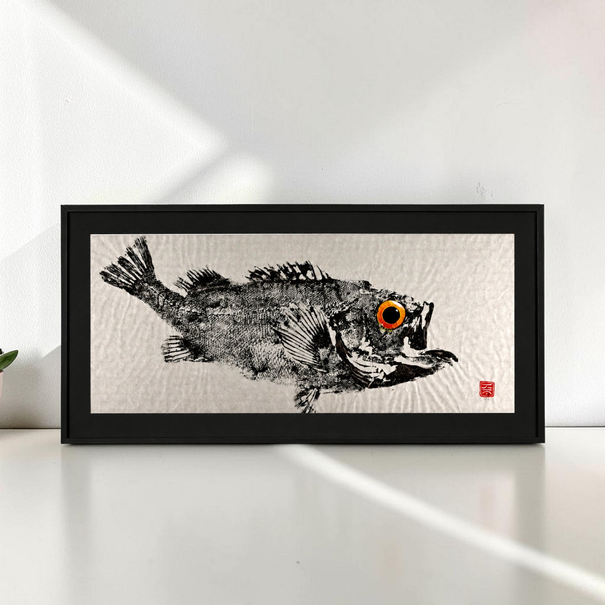 Gyotaku "Rotbarsch" (Original, gerahmt) ca. 60x30 cm