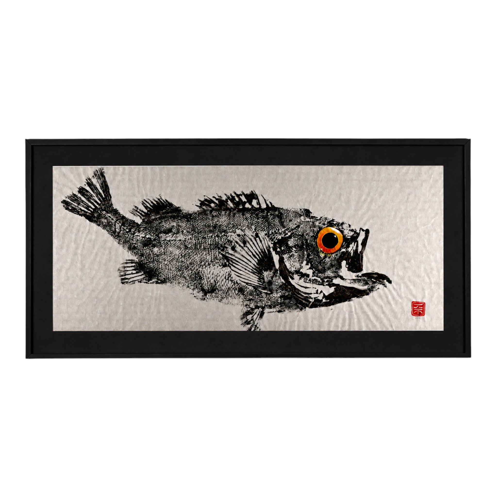 Gyotaku "Rotbarsch" (Original, gerahmt) ca. 60x30 cm