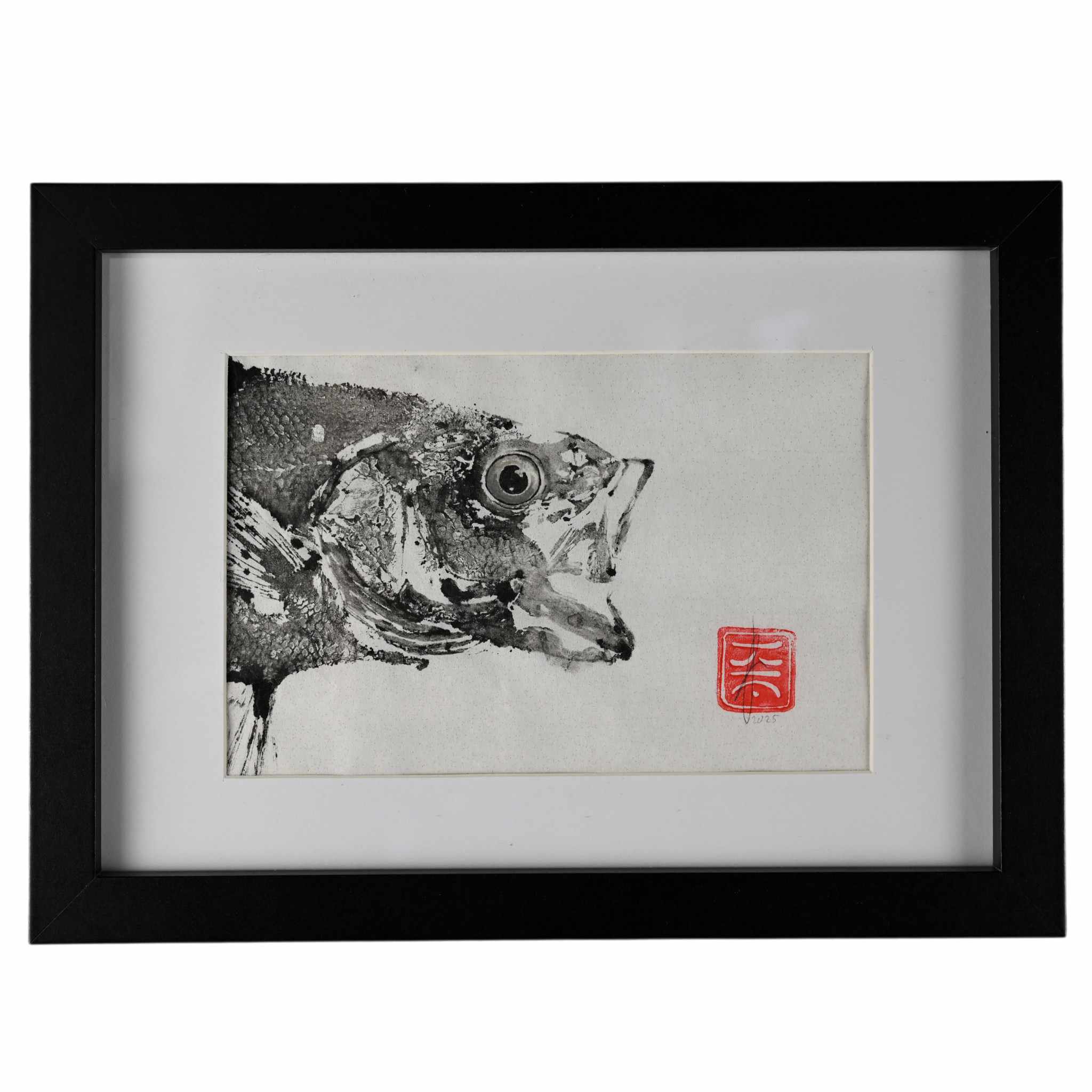 Gyotaku "Wolfsbarsch" (Original, gerahmt) Din A5
