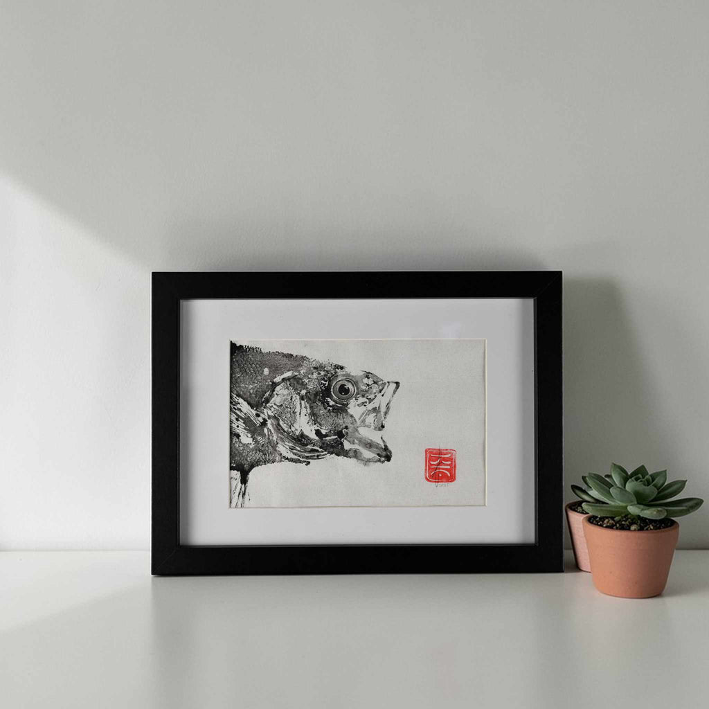 Gyotaku "Wolfsbarsch" (Original, gerahmt) Din A5