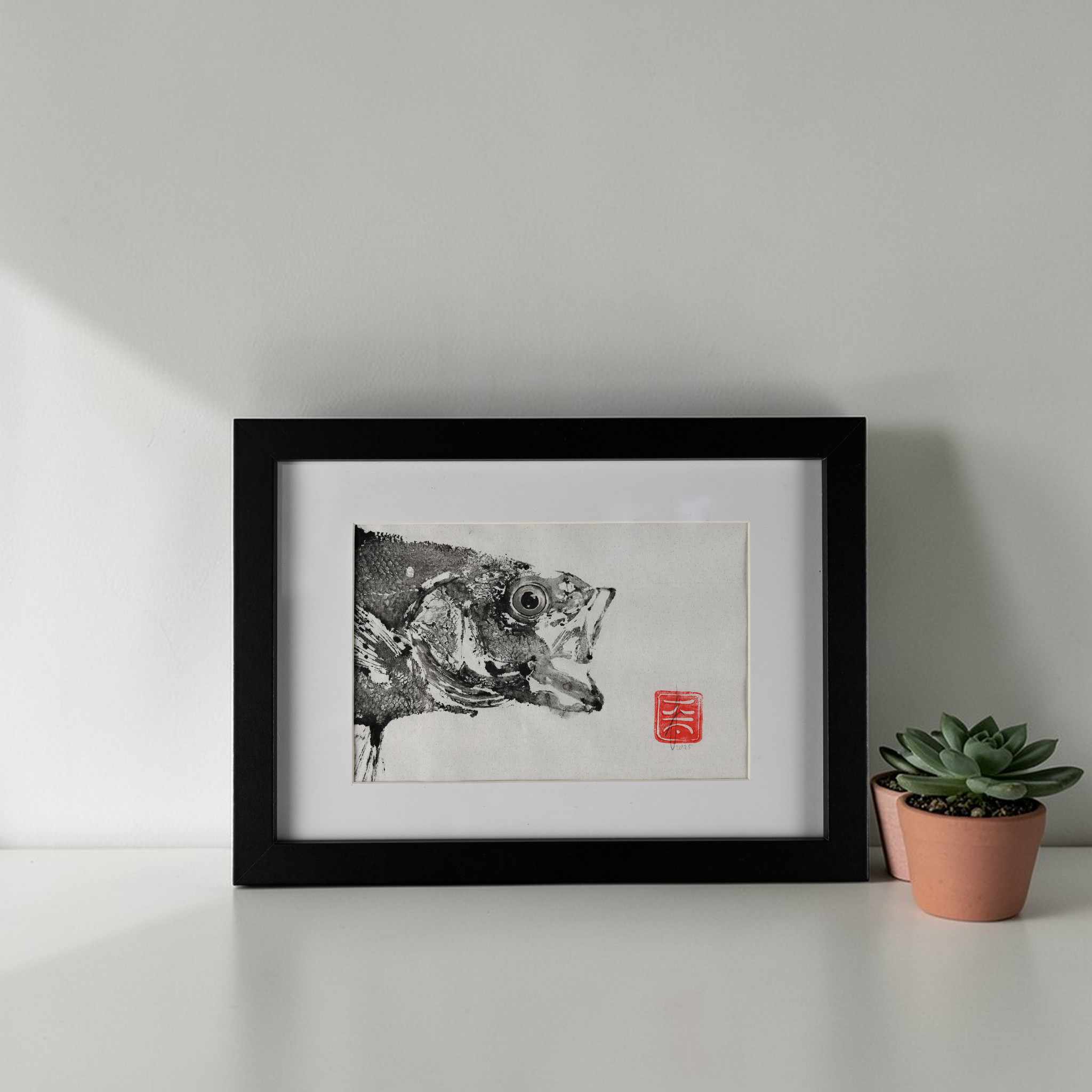 Gyotaku "Wolfsbarsch" (Original, gerahmt) Din A5